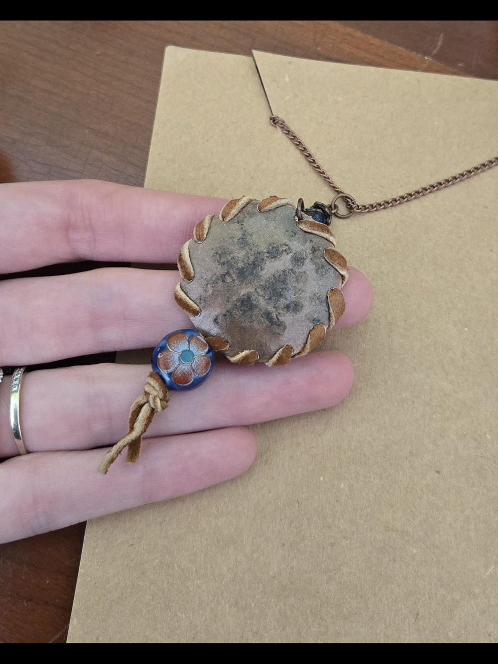 Boho Tan Leather Pendant Necklace with Blue Floral Bead